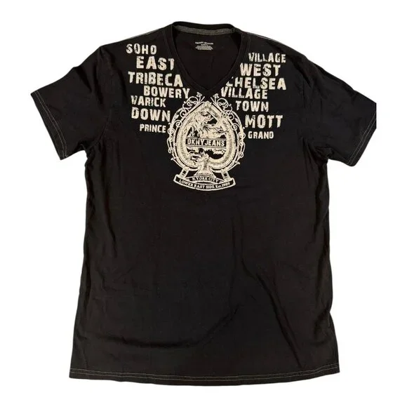 DKNY Jeans NYC Crest Graphic Tee XL Black Tribeca SoHo Village V-Neck - Picture 1 of 8